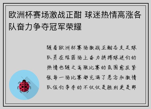 欧洲杯赛场激战正酣 球迷热情高涨各队奋力争夺冠军荣耀