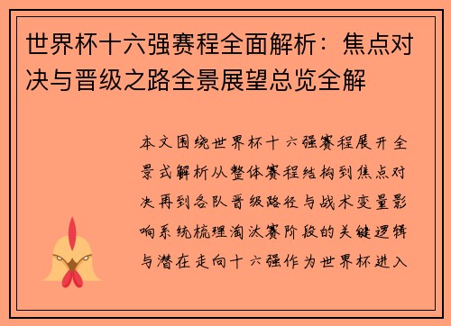 世界杯十六强赛程全面解析：焦点对决与晋级之路全景展望总览全解